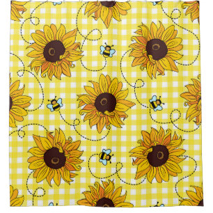 Bienen, Sonnenblumen, karierte, Vintage Muster. Duschvorhang
