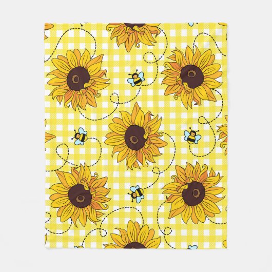 Bienen, Sonnenblumen, karierte, Vintage Muster. Fleecedecke (Vorderseite)