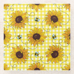 Bienen, Sonnenblumen, karierte, Vintage Muster. Glasuntersetzer