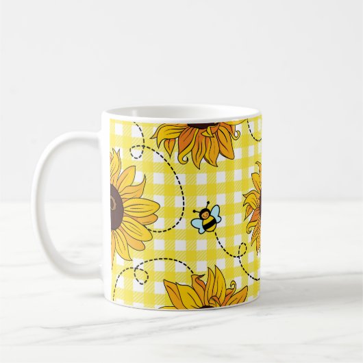 Bienen, Sonnenblumen, karierte, Vintage Muster. Kaffeetasse (Links)