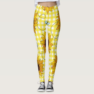 Bienen, Sonnenblumen, karierte, Vintage Muster. Leggings