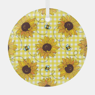 Bienen, Sonnenblumen, karierte, Vintage Muster. Ornament Aus Glas