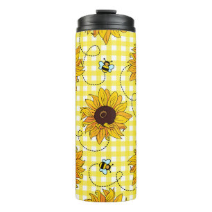 Bienen, Sonnenblumen, karierte, Vintage Muster. Thermosbecher