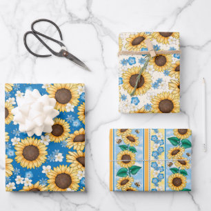 Bienen Sonnenblumen Umhüllungspapier Set von 3 Geschenkpapier Set