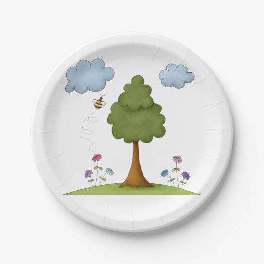 Bienen- und Baumlandschaft mit Blume und Wolken Pappteller (Vorderseite)