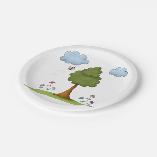 Bienen- und Baumlandschaft mit Blume und Wolken Pappteller (Schrägansicht)