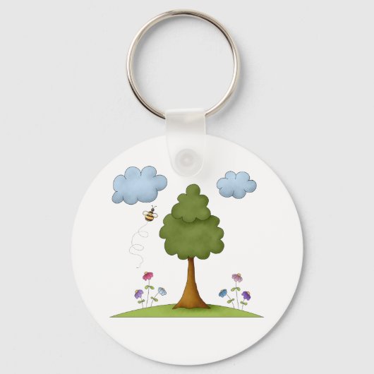 Bienen- und Baumlandschaft mit Blume und Wolken Schlüsselanhänger (Rückseite)