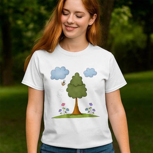 Bienen- und Baumlandschaft mit Blume und Wolken T-Shirt