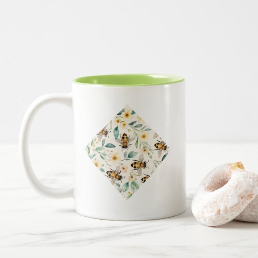 Bienen und Blume - Creme Floral Honey Bee Diamond Zweifarbige Tasse (Mit Donut)