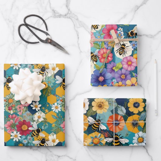 Bienen und Blumen Biene Blumenmuster Geschenkpapier Set (Vorderseite)