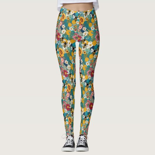Bienen und Blumen Biene Blumenmuster Leggings (Vorderseite)