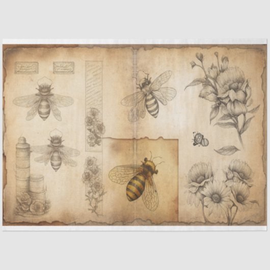 Bienen- und Blumenskizzen Ephemera Seidenpapier (Vorderseite)