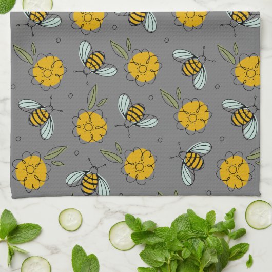 Bienen und Buttercups auf Grau Geschirrtuch (Gefaltet)
