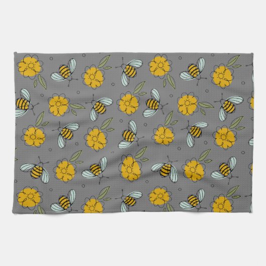 Bienen und Buttercups auf Grau Geschirrtuch (Horizontal)