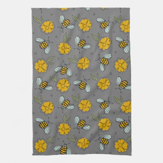 Bienen und Buttercups auf Grau Geschirrtuch (Vertikal)