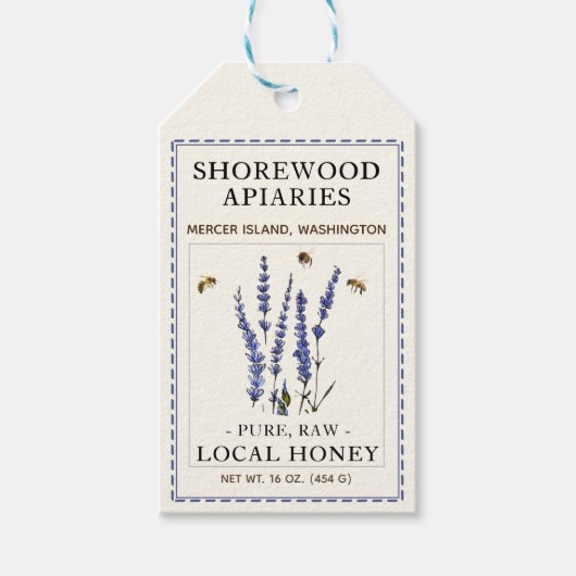 Bienen und Lavendel-Honey-Label Blue Dashed Border Geschenkanhänger (Vorderseite)