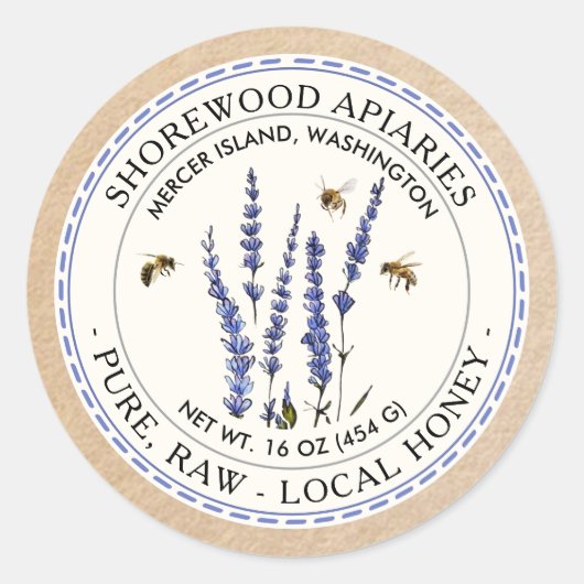 Bienen- und Lavendelhonigetikett mit Kraft-Grenze Runder Aufkleber (Vorderseite)