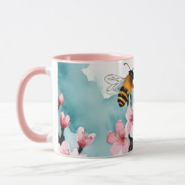 Bienen und rosa Kirschblüten mit blauem Himmel Tasse