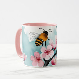 Bienen und rosa Kirschblüten mit blauem Himmel Tasse