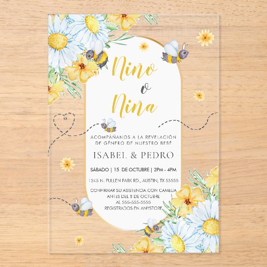 Bienen und weiße Blume Spanische Geschlechterdarst Acryleinladungen (Vorderseite)