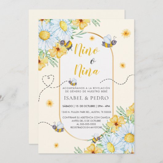 Bienen und weiße Blume Spanische Geschlechterdarst Einladung (Vorne/Hinten)