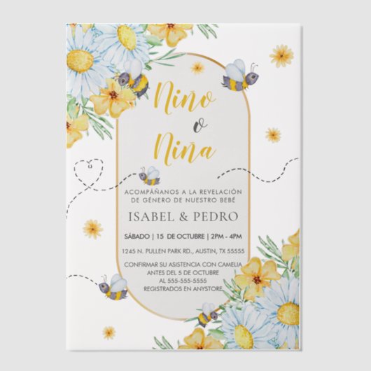 Bienen und weiße Blume Spanische Geschlechterdarst Pergament Einladungen (Vorderseite)