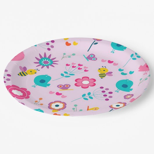 Bienen, Vögel und Schmetterlinge mit Blume Pappteller (Schrägansicht)