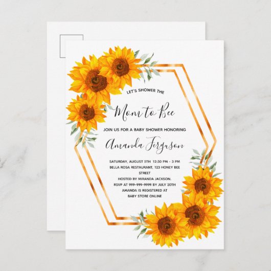 Bienendusche Sonnenblumen Rose Gold Einladung Postkarte (Vorne/Hinten)