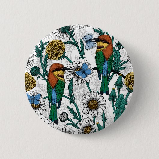 Bienenfresser, blaue Schmetterlinge und Gänse auf  Button (Vorderseite)