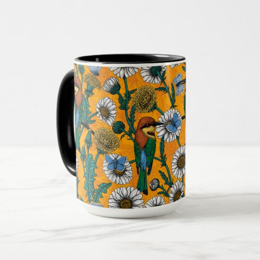 Bienenfresser, blaue Schmetterlinge und Gänse auf Tasse (Vorderseite Links)