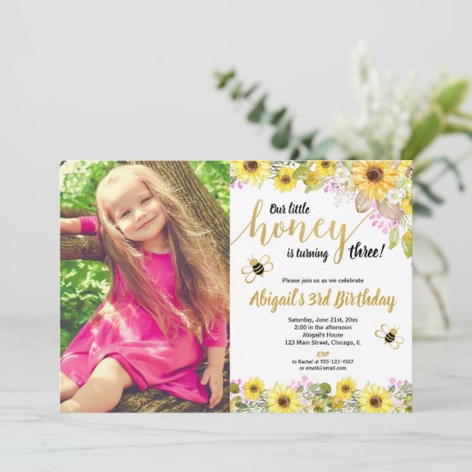 Bienengeburtstag Foto Einladung (Stehend Vorderseite)