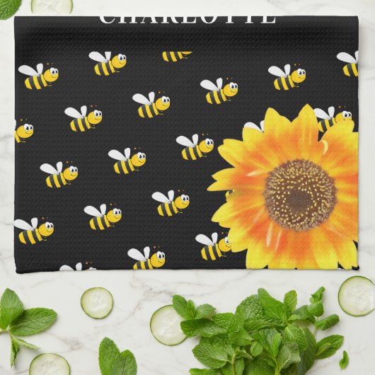 Bienengelbe Sonnenblumen Name Geschirrtuch (Gefaltet)