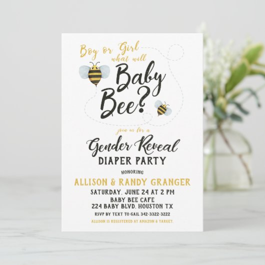 Bienengeschlechtsspezifische Party Einladung zeigt (Stehend Vorderseite)