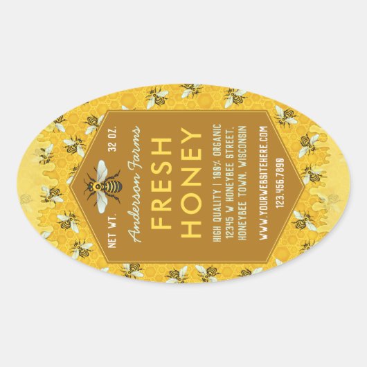 Bienenhalter Honey Jar Labels Honeycomb Bees Ovaler Aufkleber (Vorderseite)