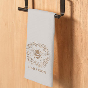 Bienenkranz Familienmonogramm Name Taupe Geschirrtuch