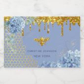 Bienenlogo und blaue Hydrangea Alkoholflaschenetikett (Einzelnes Label)