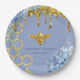 Bienenlogo und blaue Hydrangea Pappteller