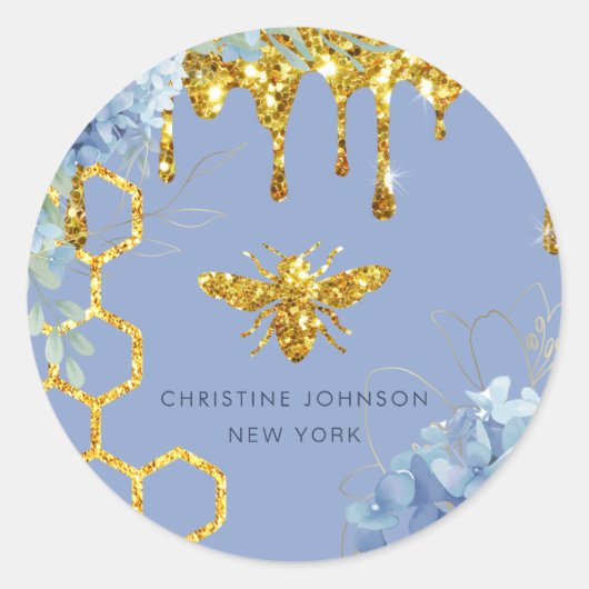 Bienenlogo und blaue Hydrangea Runder Aufkleber (Vorderseite)