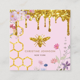 Bienenlogo und Wildblumen rosa Quadratische Visitenkarte