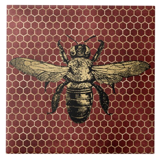 Bienenstock Rustikal Gold Wabenmuster Rot Fliese (Vorderseite)