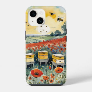 Bienenstöcke bei Sonnenaufgang mit Roten Poppies u iPhone 14 Hülle