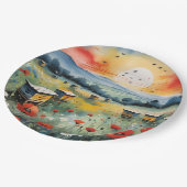 Bienenstöcke und rote Poppione bei Sonnenaufgang Pappteller (Schrägansicht)