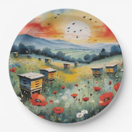 Bienenstöcke und rote Poppione bei Sonnenaufgang Pappteller