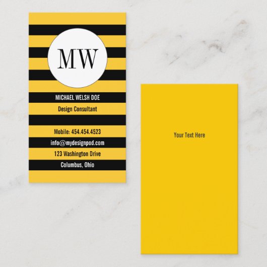 Bienenstreifen Gelb und Schwarz mit Monogramm Visitenkarte (Vorne/Hinten)