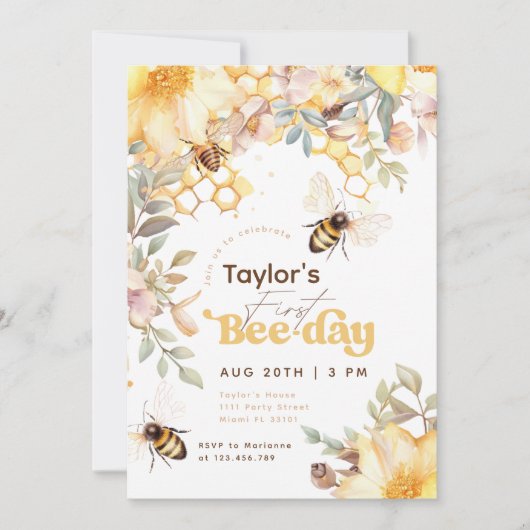 Bienentag Hummel 1. Geburtstag Blumengeburt Einladung (Vorderseite)