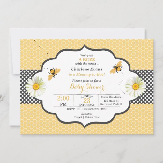 Bienenthema Honeycomb Gold & Gray Polka Dot Einladung (Vorderseite)