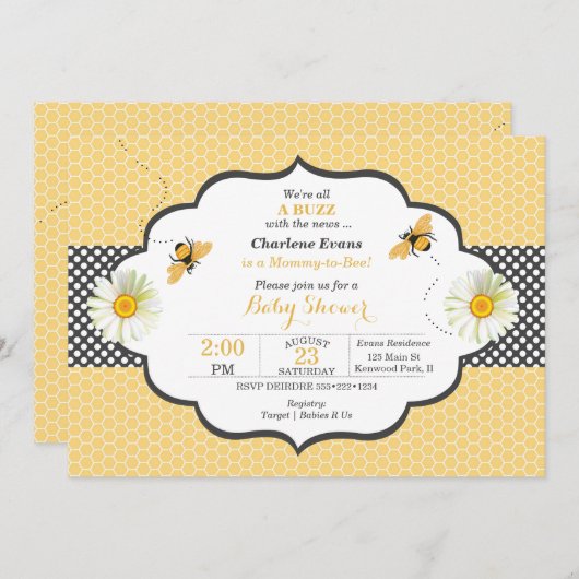 Bienenthema Honeycomb Gold & Gray Polka Dot Einladung (Vorne/Hinten)