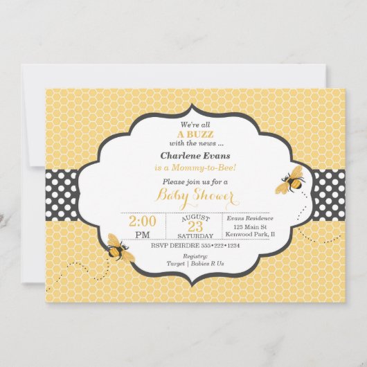 Bienenthema Honeycomb Gold & Gray Polka Dot Einladung (Vorderseite)
