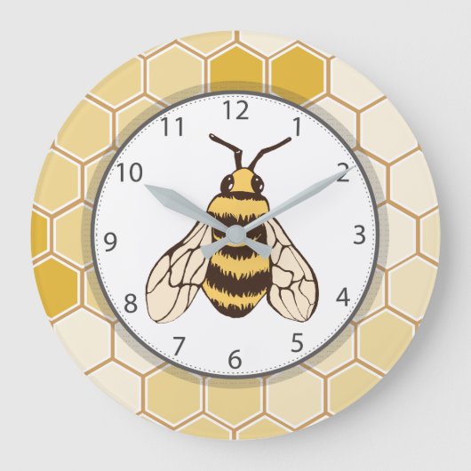 Bienenwaben-Hummel-Grau-Zahlen Große Wanduhr (Vorderseite)