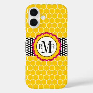 Bienenwaben-Muster und Blumen-Monogramm iPhone 16 Hülle